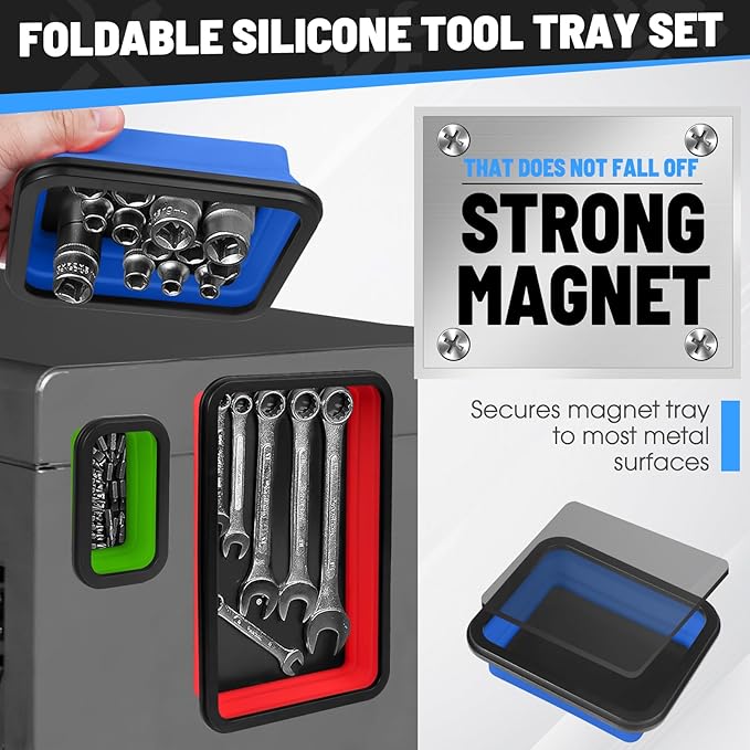 3 Pack Magnetic Parts Tray Set, Different Size Collapsible Tool Trays for Storage Organizer Screw, Bolts, Nuts, Washers, Pins & Other Small Metal Parts-Tool Gifts for Men(Red Blue Green)