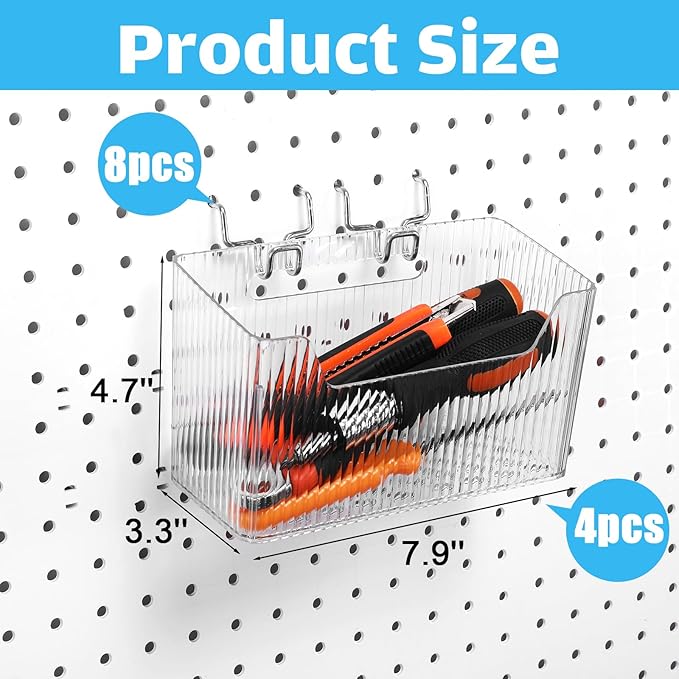 Suzile 4 Pcs Pegboard Bins Plastic Bins Set 7.9 x 3.3 x 4.7'' Pegboard Containers with Metal Hooks Organizing Assortment Accessories for Organizing Storage Tools Storage Workbench Garage (Clear)