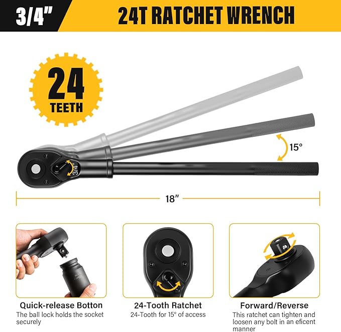 3/4" Drive Impact Socket Set,21-Piece SAE (3/4 to 2 Inch) Sizes with Ratchet handle (24 tooth) Sliding T-head Breaker Bar,Drive Extensions,6-Point,Cr-Mo Alloy Steel,Heavy Duty Storage Case