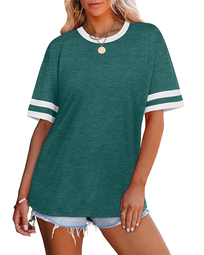 WIHOLL Womens T Shirts Loose Fit Short Sleeve Tees Crew Neck Color Block Summer Tops 2026 Fashion