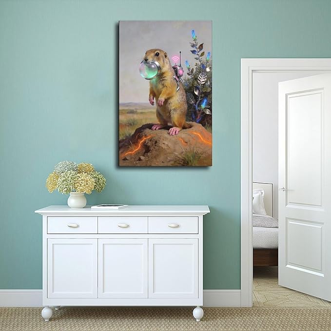 Framed Steampunk Mechanical Prairie Dog Wall Art - Retro-Futuristic Wilderness Poster for Living Room Game Room Decor 20x30inch(50x75cm)