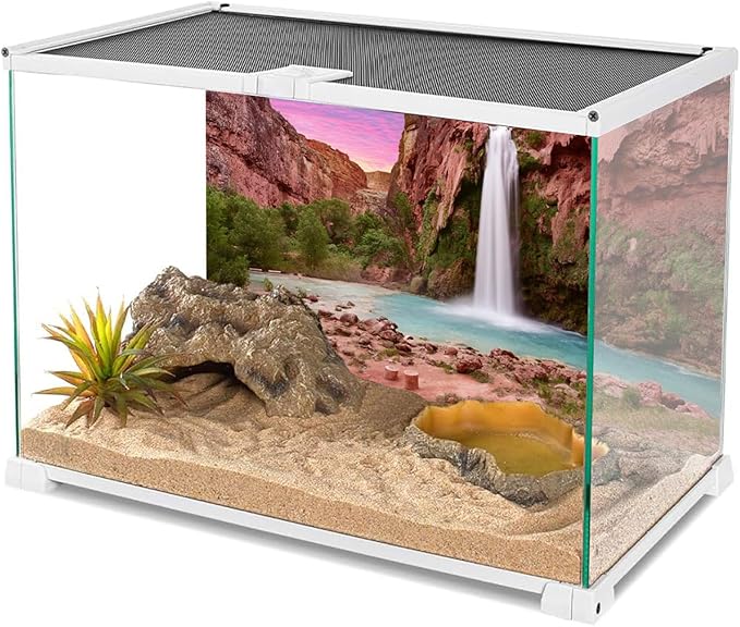 AWERT 30x18 inches Reptile Habitat Background Sunset Mountain Waterfall Terrarium Background