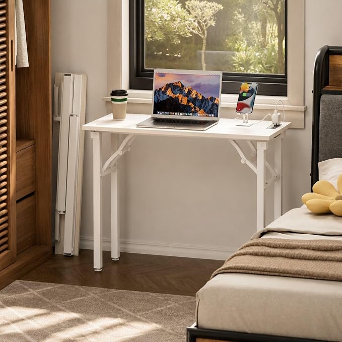 Folding Table Computer Desk - 35.8" No Assembly Folding Desk with Power Outlets & USB Charging Port, Small Desk, Foldable Office Desk, Compact Storage Portable Use for Small Space, White Ash