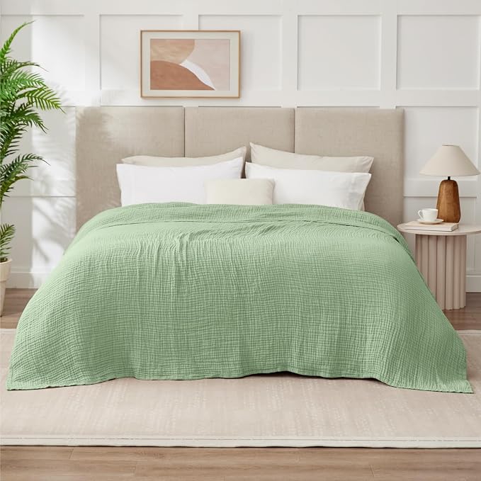 100% Cotton Muslin Blanket King 108" x 90", 6 Layers Breathable and Lightweight Cotton Throw Blanket for Bed, Soft Quilt Bedspread Coverlet, Gauze Blanket for Adults All Season, Sage Green