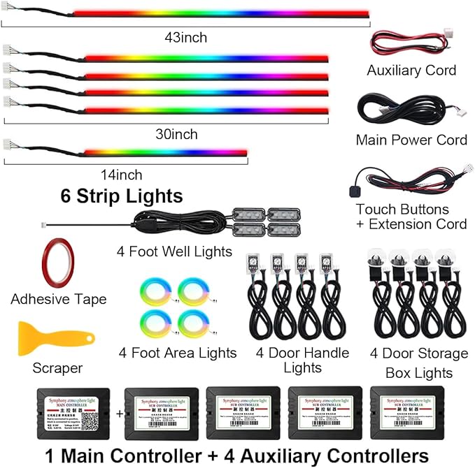 Dreamcolor Interior Car Strips Lights: Led Acrylic Light 22 in 1 RGB Ambient Lighting with Wireless App for Cars - 16 Million 175 Inches 600 Led Music Sync Led Lights Kits