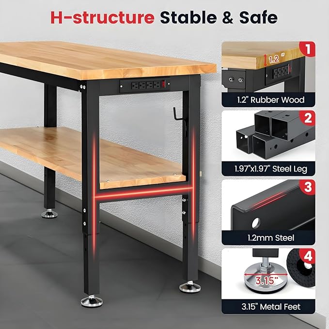 ENJOYWOOD 48" x 20" Heavy Duty Workbench Adjustable Height Garage Work Table with Solid Rubberwood Top, Double Layer Shelf, Pegboard & Power Outlets for Workshop, Home & Office