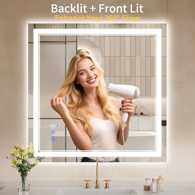 36"x36" LED Bathroom Mirror with Lights, Anti-Fog, Backlit + Front Lit, Dimmable, Led Vanity Mirror for Wall, 3 Colors, Memory Function, Shatter-Proof Tempered Glass