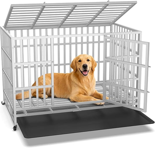 48 Inch Heavy Duty Dog Crate, Indestructible Escape-Proof Dog Kennel for High Anxiety Large Dogs, Strong Metal Pet Cage with Double Doors, Lockable Wheels & Removable Tray, XL XXL XXXL