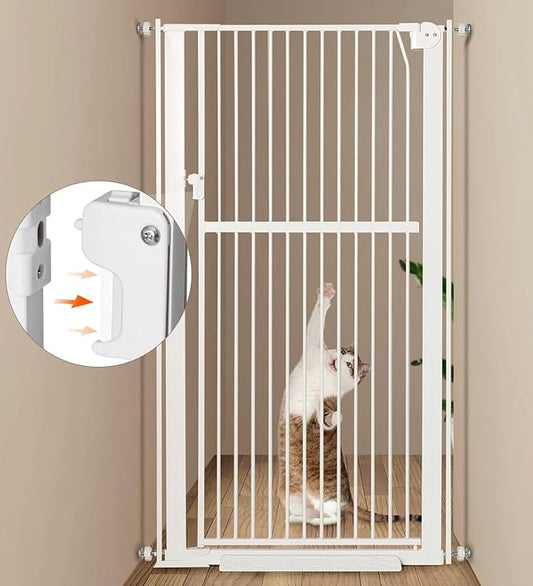59” Extra Tall Pet Gate, Durable Metal Cat Gate with Double Safety Lock & Walk Thru Door - Self Closing/Stay Open/Open Both Ways, Pressure Mounted Dog Gate for Indoor Stairs, Doorways, Hallways