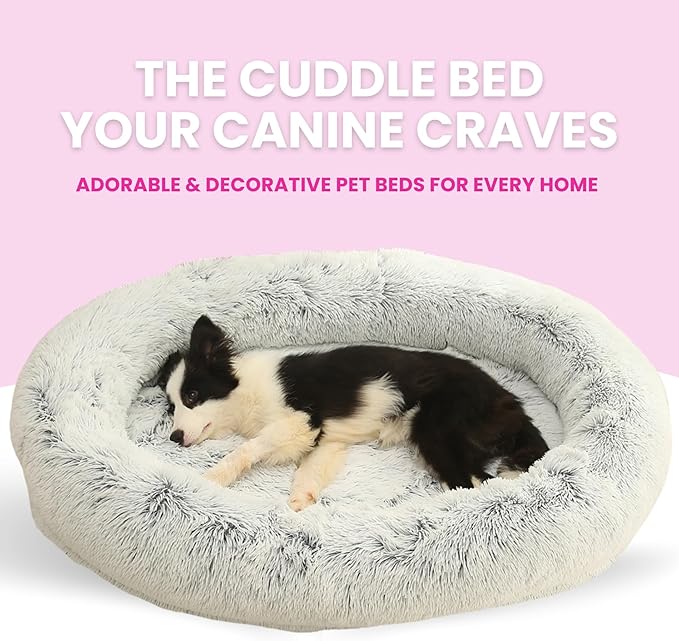Glow Pups Calming Dog Bed, Egg Crate Dog Bed with Memory Foam Bolster, Luxurious Faux Fur Cozy Oval Design, Machine Washable Removable Cover, Non-Slip Base, Light Grey (23.6" x 19.6" x 7")