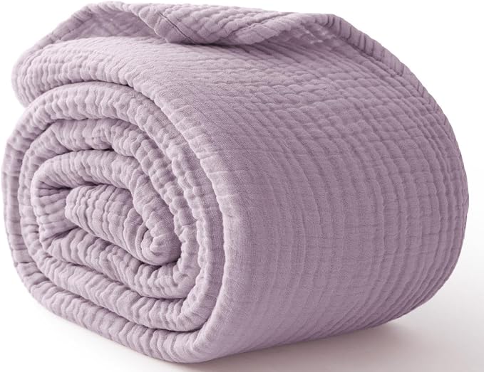 100% Cotton Muslin Blanket Large 50" x 70", 6 Layers Breathable and Lightweight Cotton Throw Blanket for Bed and Couch, Soft Quilt Bedspread, Gauze Blanket for Adults All Season, Lavender