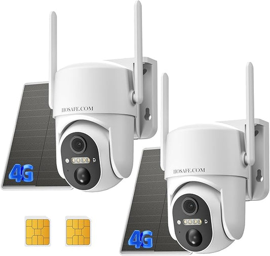 4G LTE Cellular Solar Security Camera Wireless Outdoor, No WiFi Security Camera, Off Grid 2K Color Night Vision 360° Live View,Built-in SIM Card with Cloud Storage for Barn Farm Jobsite (2 PCS)
