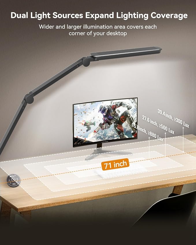 LED Desk Lamp with Clamp, Architect Desk Lamp with Remote, Flexible Swing Arm Desk Light with Dual LED Light, Stepless Dimming, 5 Color Mode & 4 Brightness for Sewing Painting Drafting Crafting