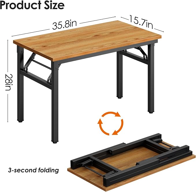 Need Office Computer Desk 35.8 Inch Sturdy Folding Laptop Table Teak | Black Frame Writing Gaming Work Table/Foldable Home Office Desk/Sewing Table, No Assembly Required