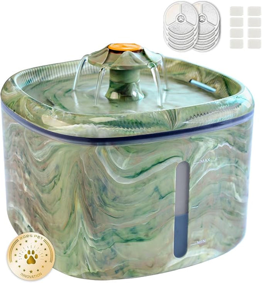 Cat Water Fountain,2.5L/84oz Cat Fountain for Drinking with Rotating Attractor & Camouflage Green Design – Automatic Pet Water Dispenser Bowl with 8-Pack Replaceable Filters