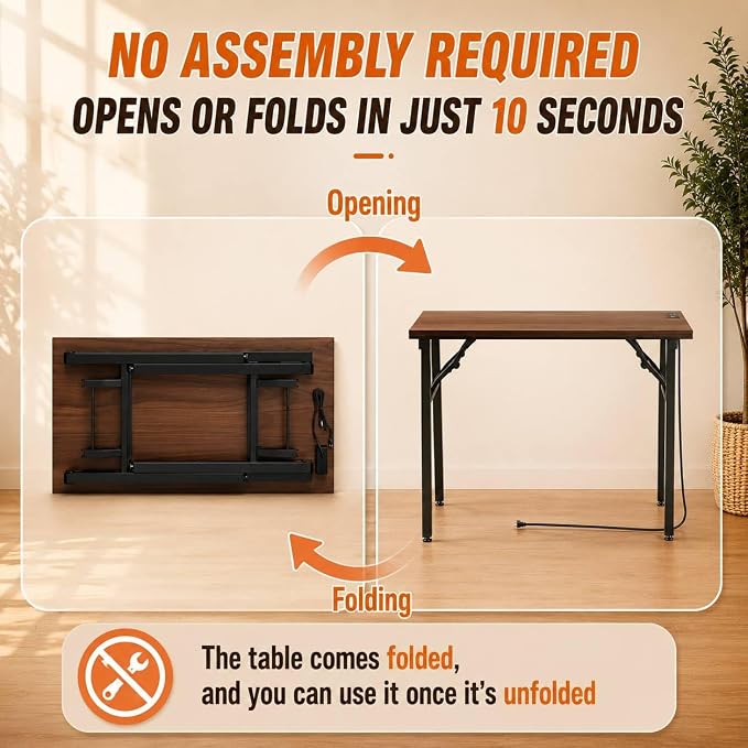Folding Table Computer Desk - 43.3" No Assembly Folding Desk with Power Outlets & USB Charging Port, Small Desk, Foldable Office Desk, Compact Storage Portable Use for Small Space, Dark Walnut