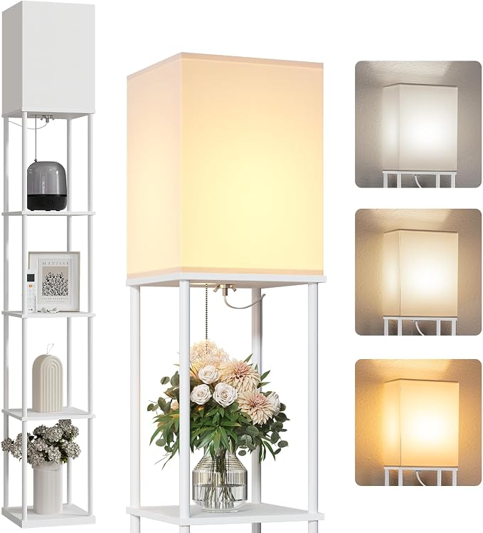 SUNMORY 5 Tier Floor Lamp with Shelves, Modern Square Standing Lamp with 3 Color Temperature Bulb, Corner Display Bookshelf Lamp for Living Room and Bedroom, Tall Shelf Floor Lamp White