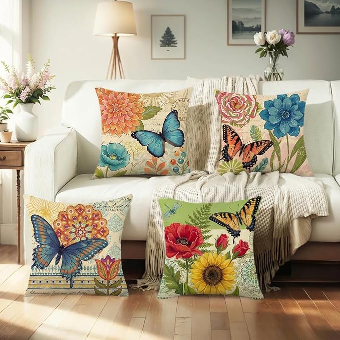 wyooxoo Spring Summer Pillow Covers 18x18 Set of 4 Farmhouse Throw Pillow Covers Linen Flower Butterfly Decorative Pillowcases for Sofa Couch Living Room Outdoor