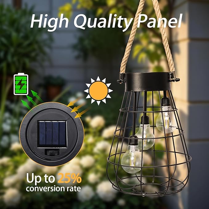 Solar Hanging Lantern with Rope, Vintage Industrial Pendant Light, 12.8" Solar Powered Outdoor Lantern, IP65 Waterproof Garden Light, Warm White Glow, Rechargeable for Patio, Porch, Yard Decor