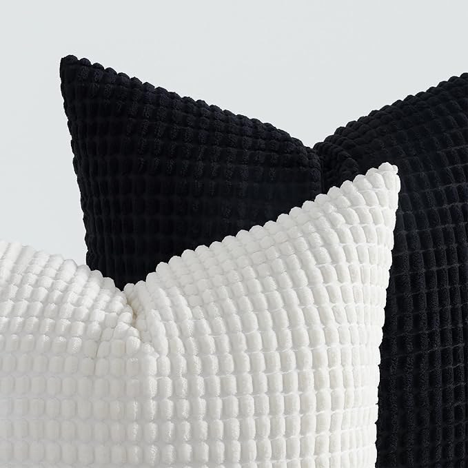 Topfinel 4 Packs Black and White Decorative Throw Pillow Covers 24x24 Inch for Living Room Couch Bed Sofa, Boho Western Farmhouse Home Decor, Square Soft Moss Corduroy Fall Cushion Case 60x60 cm