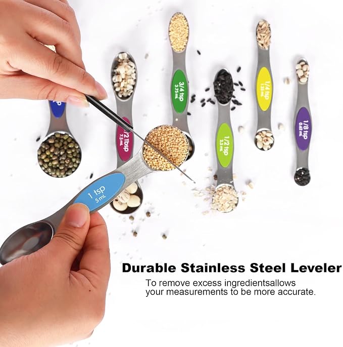 Magnetic Measuring Spoons Set Stainless Steel with Leveler, 8pcs Multicolors Measuring Cups Set for Baking, Measuring Cups and Spoon Set Kitchen Gadgets Apartment Essentials Fits in Spice Jars