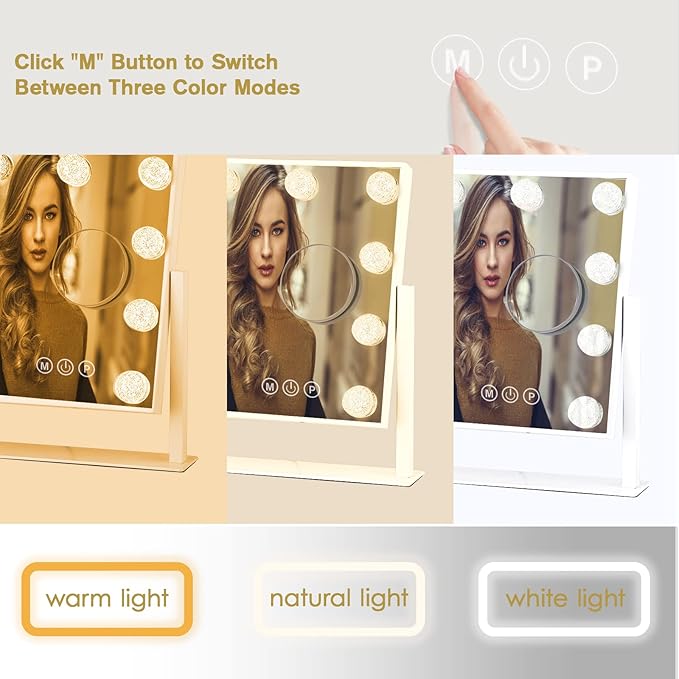 Vanity Mirror with Lights, Hollywood Lighted Makeup Mirror with 3 Color Modes and 9 Dimmable Diamond LED Light Bulbs, Detachable 10X Magnification, 360° Rotation, Touch Control, White
