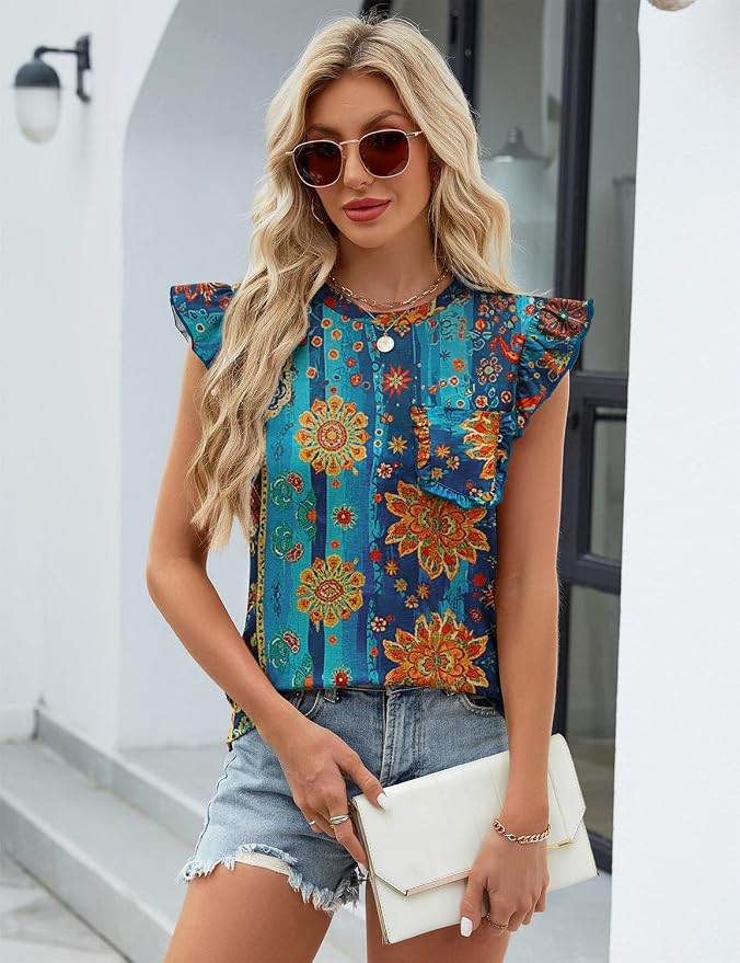 JUSTFASHIONNOW Womens Summer Tops Striped T-Shirts 2026 Ruffle Short Sleeve Crew Neck Casual Blouses with Pocket