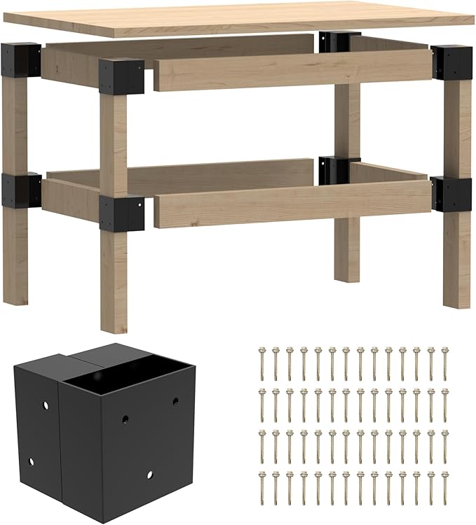 2' x 4' Basics Workbench Kit, 8 PCS Heavy Duty 3-Way Brackets for Garage Workbench Legs Brackets, Metal DIY Work Bench Kit Suitable for Shelving, Work Table, Lumber Not Included