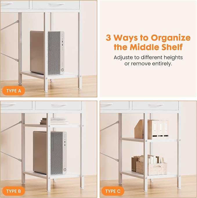 Sweetcrispy 47" Computer Desk with 6 Fabric Drawers & Storage Shelves | Reversible Gaming Desk, Office Desk, Computer Workstation, Corner Desk with Storag, Home Office, Living Room, White