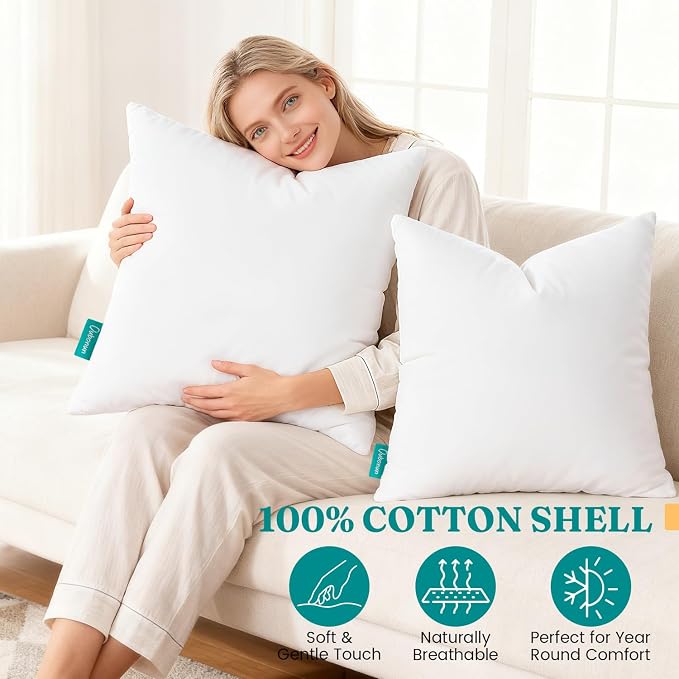 Oubonun Throw Pillow Inserts, 22x22, Set of 2 | Feather Down 100% Cotton Cover, Medium Firm Decorative ，for Couch, Sofa, Bed, Chair