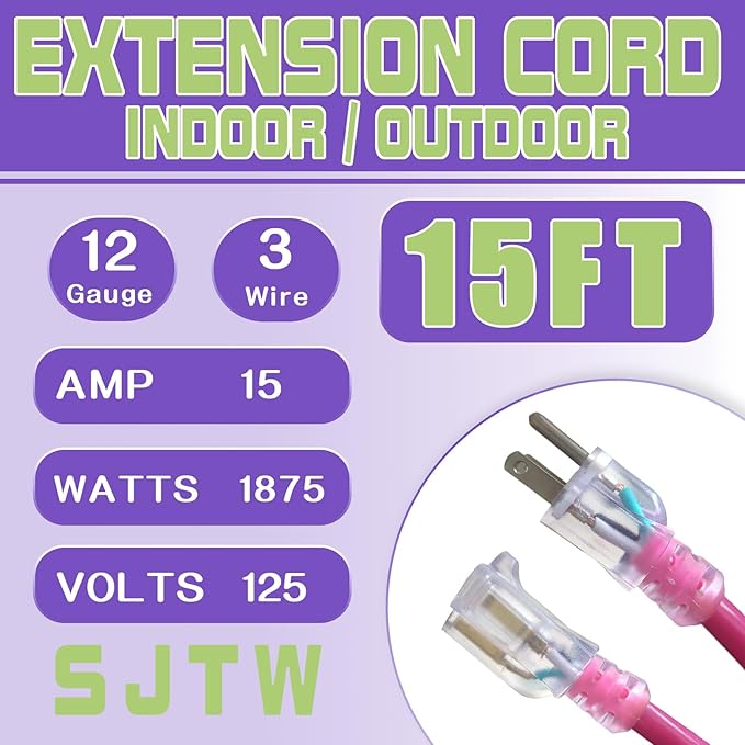 Outdoor Extension Cord with Lighted End, 12 Gauge Heavy Duty Extension Cord 15 FT, 3 Prong Grounded 15 Amp Extension Cord, 12/3 SJTW Waterproof Power Cord for Appliance, UL Listed, Pink