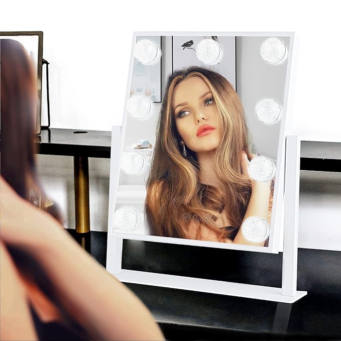 Vanity Mirror with Lights, Hollywood Lighted Makeup Mirror with 3 Color Modes and 9 Dimmable Diamond LED Light Bulbs, Detachable 10X Magnification, 360° Rotation, Touch Control, White