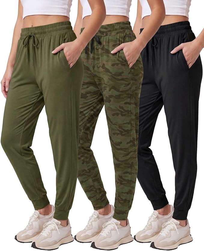 3 Pack Women's Lounge Joggers Sweatpant Active Athletic Yoga Workout Pocket | Available in Plus Size, Ladies Casual, Drawstring Gym Pants, Sleep Bottoms, Hiking, Running, Fitness, Exercise, Pajama, Soft