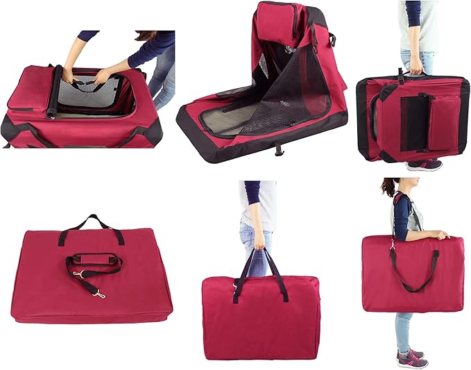 EliteField 3-Door Folding Soft Dog Crate with Carrying Bag and Fleece Bed (2 Year Warranty), Indoor & Outdoor Pet Home (42" L x 28" W x 32" H, Maroon)