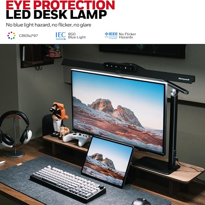 Honeywell HJ1BK Eye-Caring 1200LM LED Architect Desk Lamp for Home Office | CRI≥97, Flicker-Free，4 Color Temps,Task Desk Light with Base for Computer,Study,Black