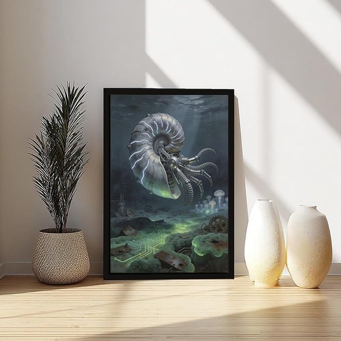 Framed Steampunk Mechanical Nautilus Wall Art - Underwater Industrial Poster for Man Cave Studio Decor 24x36in