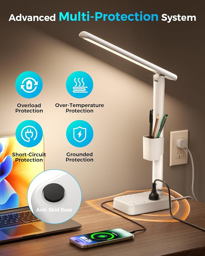 LED Desk Lamp with Power Strip, 3 AC Outlets & 4 USB Ports (2 USB-C), Stepless Dimming&2800K-6500K Eye-Caring Desk Light, Foldable Table Lamp with 10FT Cord for Home Office, Dorm Room Essentials White
