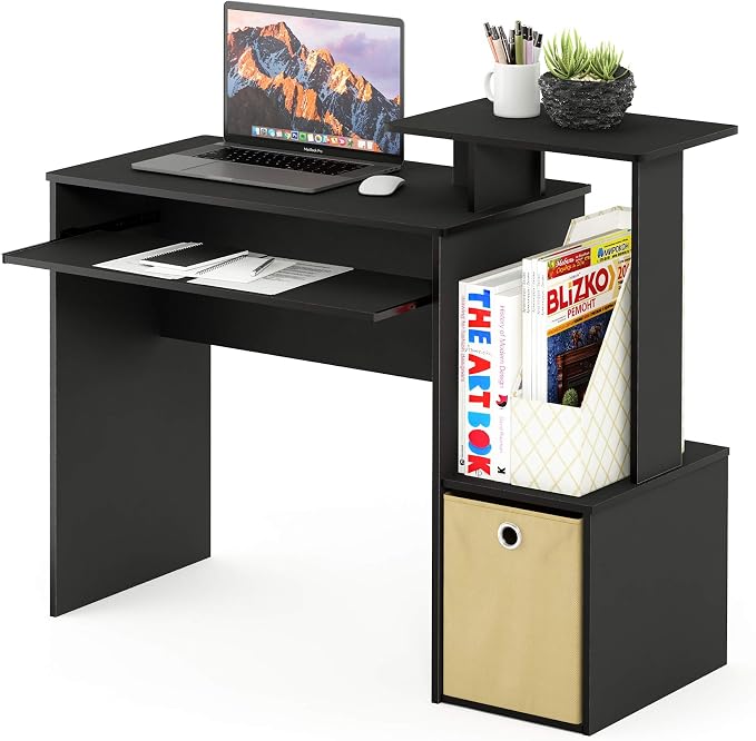 Furinno Econ 40-Inch Computer Desk Side Shelves, Office Desk with Keyboard Tray and Storage Bins, Rectangular Gaming Desk for Home Office, Bedroom, Study Room, Classic Black