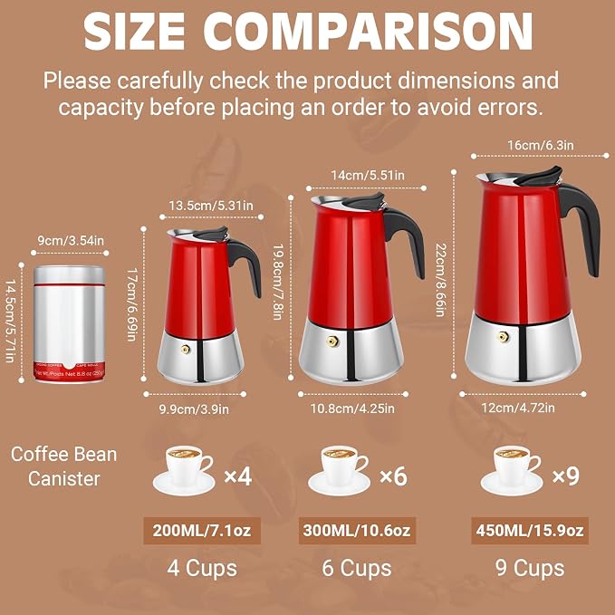 6 Cup Stainless Steel Moka Pot, 300ml Stovetop Espresso Maker, Red | 304 Stainless Steel Mocha Pot, Induction Compatible, Greca de Cafe, Cuban and Italian Coffee Maker