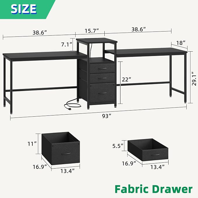GYIIYUO 93'' Two Person Desk with Charging Station, Long Desk with 3 Drawer | Double Computer Desk with Printer Shelf, 2 Person Writing Study Table Workstation for Home Office, Black