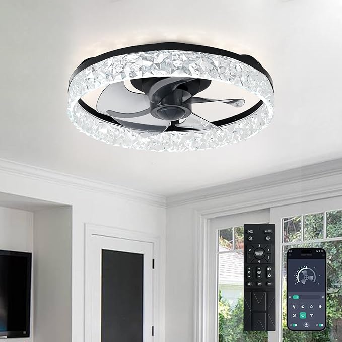 Depuley Ceiling Fans with Lights and Remote: 16" Modern Low Profile Flush Mount Ceiling Fan with App Remote Control - Black Fandelier for Bedroom Living Room Kitchen Dimmable Quiet DC Motor
