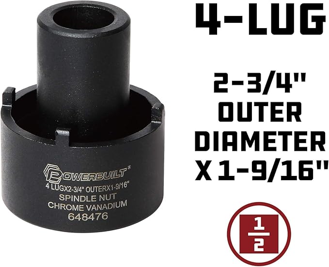 Powerbuilt Spindle Nut Socket, 4 Lug, 2-3/4-inch Outer, Ford, Easy Removal of Spindle Nuts, 2WD Rear Axles, Rotating Locknut - 648476, Black