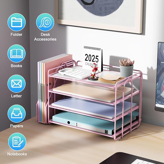 gianotter 4-Tier Paper Organizer With Magazine Holder | Desk Organizers and Accessories, File Organizer for Office Supplies Storag (Pink, 4-Tier)