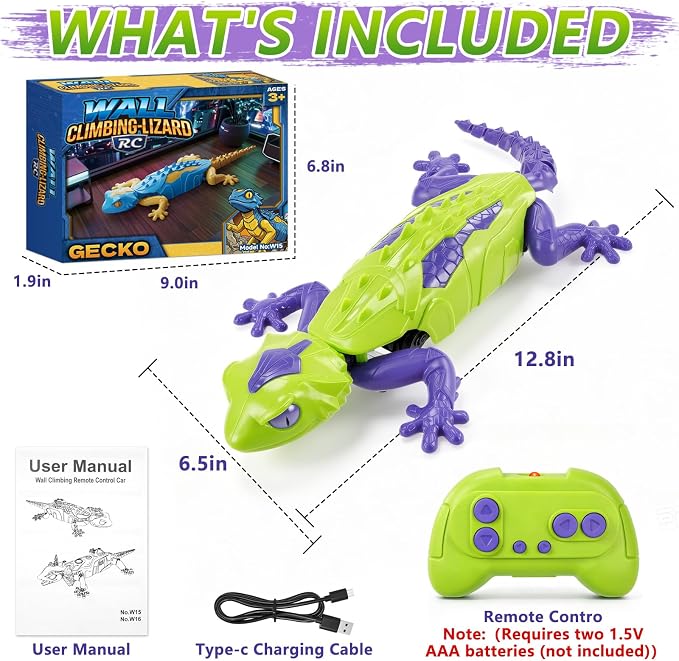RC Wall Climbing Gecko, Rechargeable Remote Control Lizard Robot for Kids | 360° Rotating Wall Crawler Toy with LED Eyes, RC Stunt Car Toy Birthday Christmas Gift for 3-12 Year Old Boys Girls
