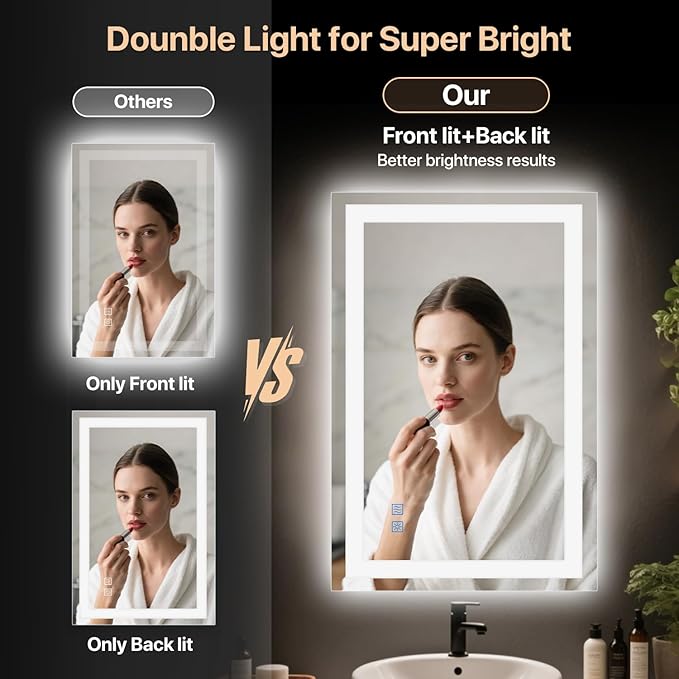 LED Bathroom Mirror 48x36 Inch, Anti-Fog Vanity Mirror with Lights, Stepless Dimmable & 3 Color Temperatures, Smart Memory Wall Mounted Mirrors for Over Sink, UL Listed