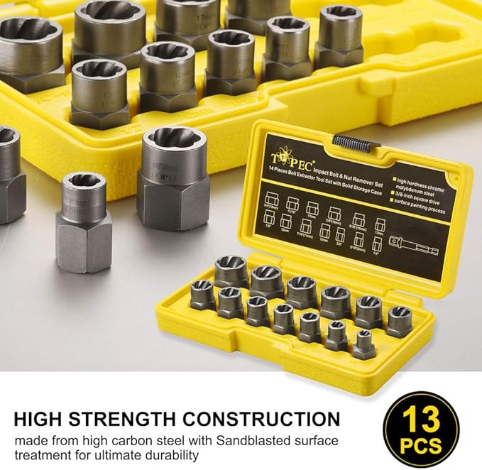 Topec 13+1 Piece Impact Bolt & Nut Remover Set, 3/8" Drive Bolt Extractor Socket Set, 8mm-19mm Stripped Lug Nut Remover, Twist Socket for Damaged, Rusted, Rounded Fasteners