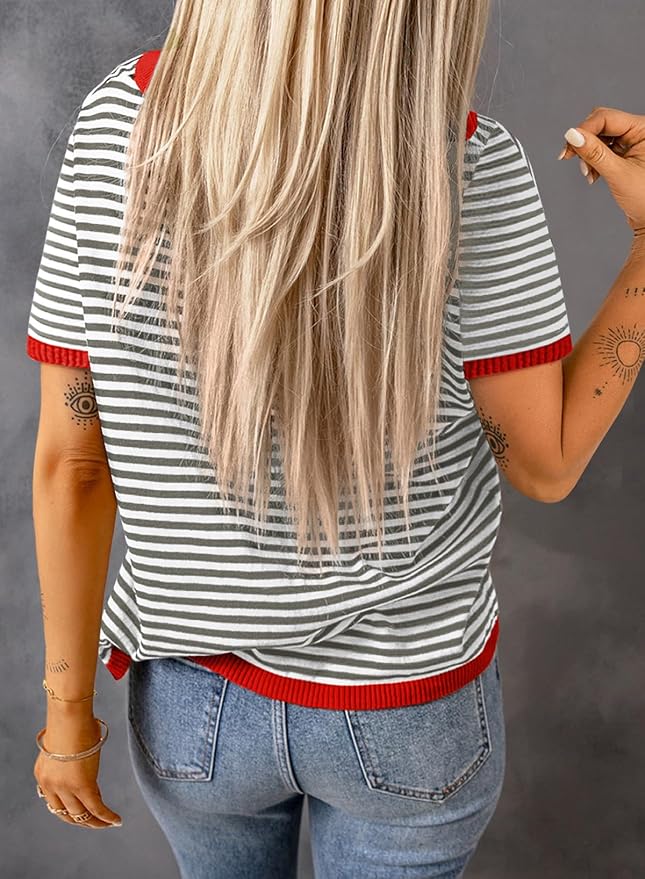 Dokotoo Womens Tops 2026 Casual Summer Crewneck Short Sleeve Striped Color Block Knit High Low Trendy Pullover Sweaters