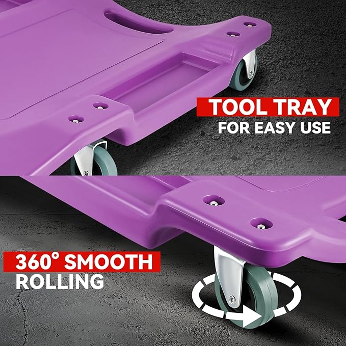 Auto Dynasty 40 Inches Mechanic Creeper, Automotive Garage Repair Low Profile Under Car Rolling Creeper with Padded Headrest, Plastic, Purple