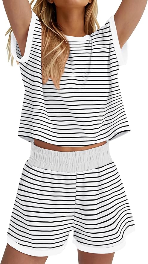 WIHOLL Two Piece Sets for Women Summer Lounge Short Sets Cap Sleeve Crew Neck Sweatsuit with Pocket XS-2XL