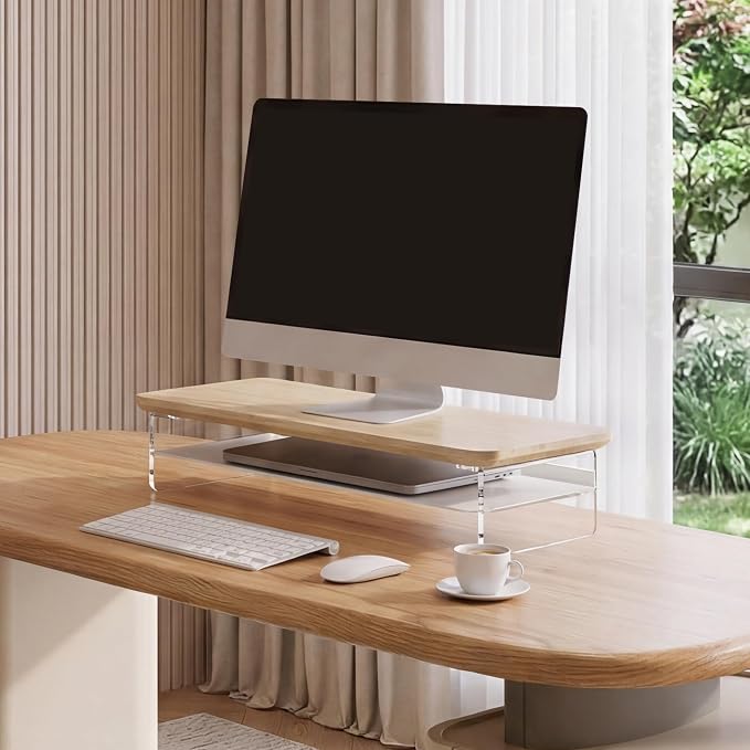 Fenge 23.6" Monitor Stand with Clear Acrylic Legs, Oak | Clear acrylic, storage compartment, 2-tier home office monitor riser, wide large desktop shelf fit monitor/laptop/printer